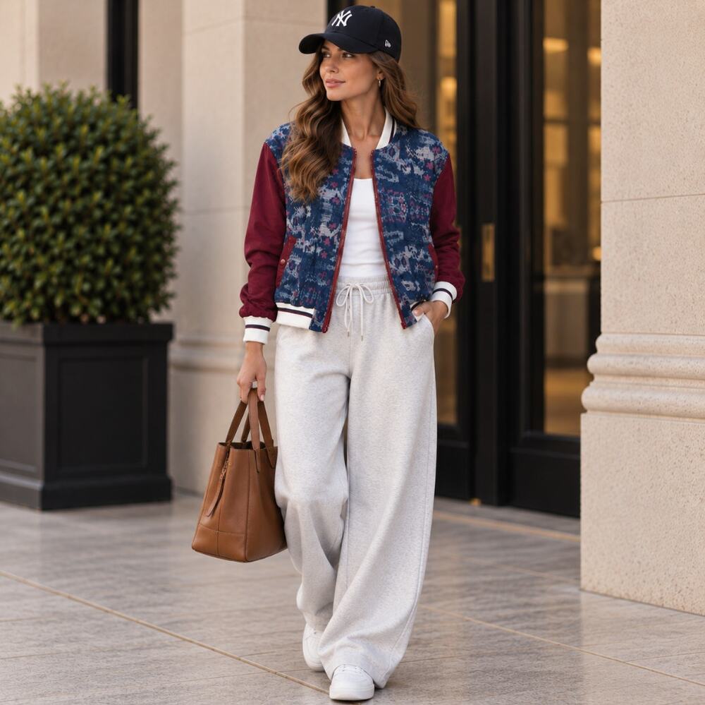 FREE PEOPLE Varsity of Dreams Bomber Jacket Denim Maroon Sz XS $198